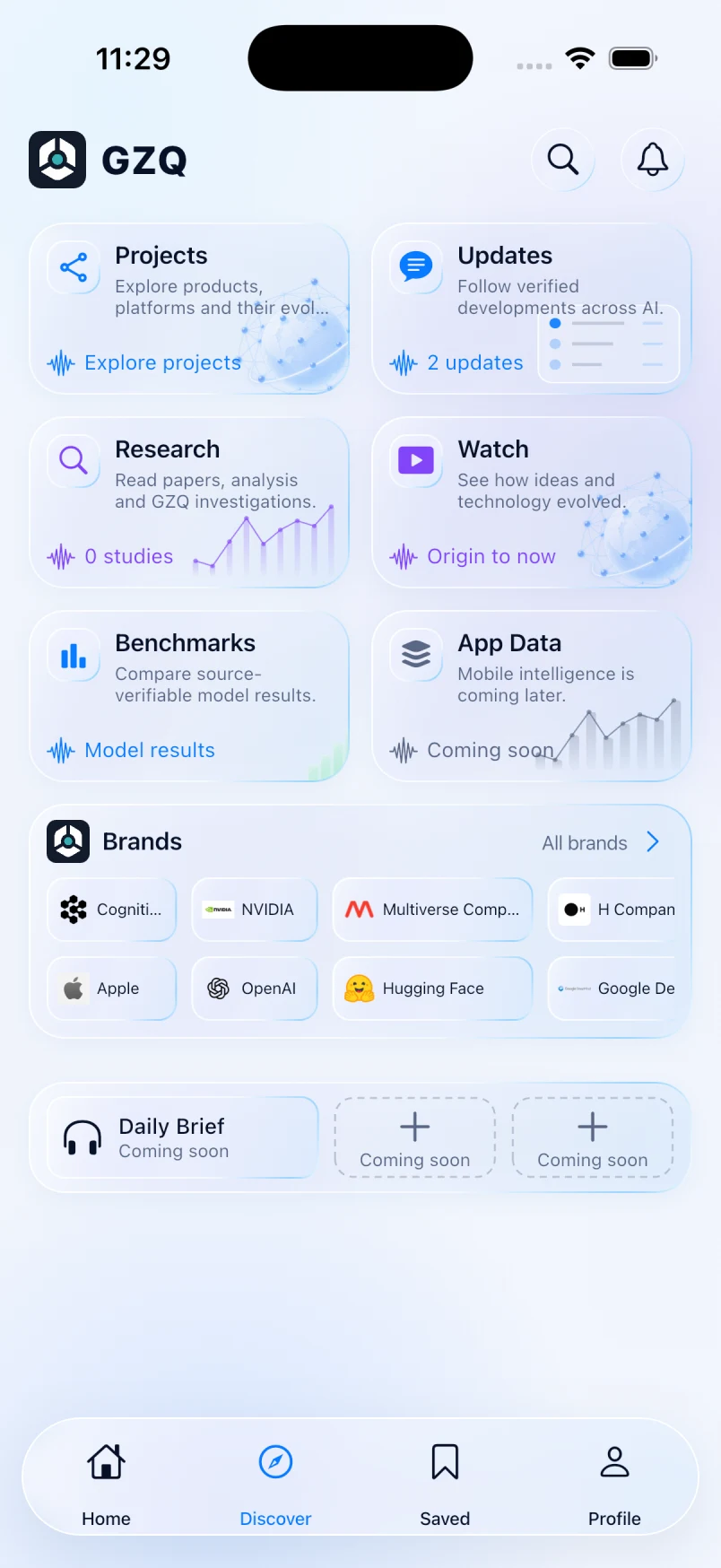 GZQ Discover with Projects, Updates, Research, Watch, Benchmarks and the Brand directory.
