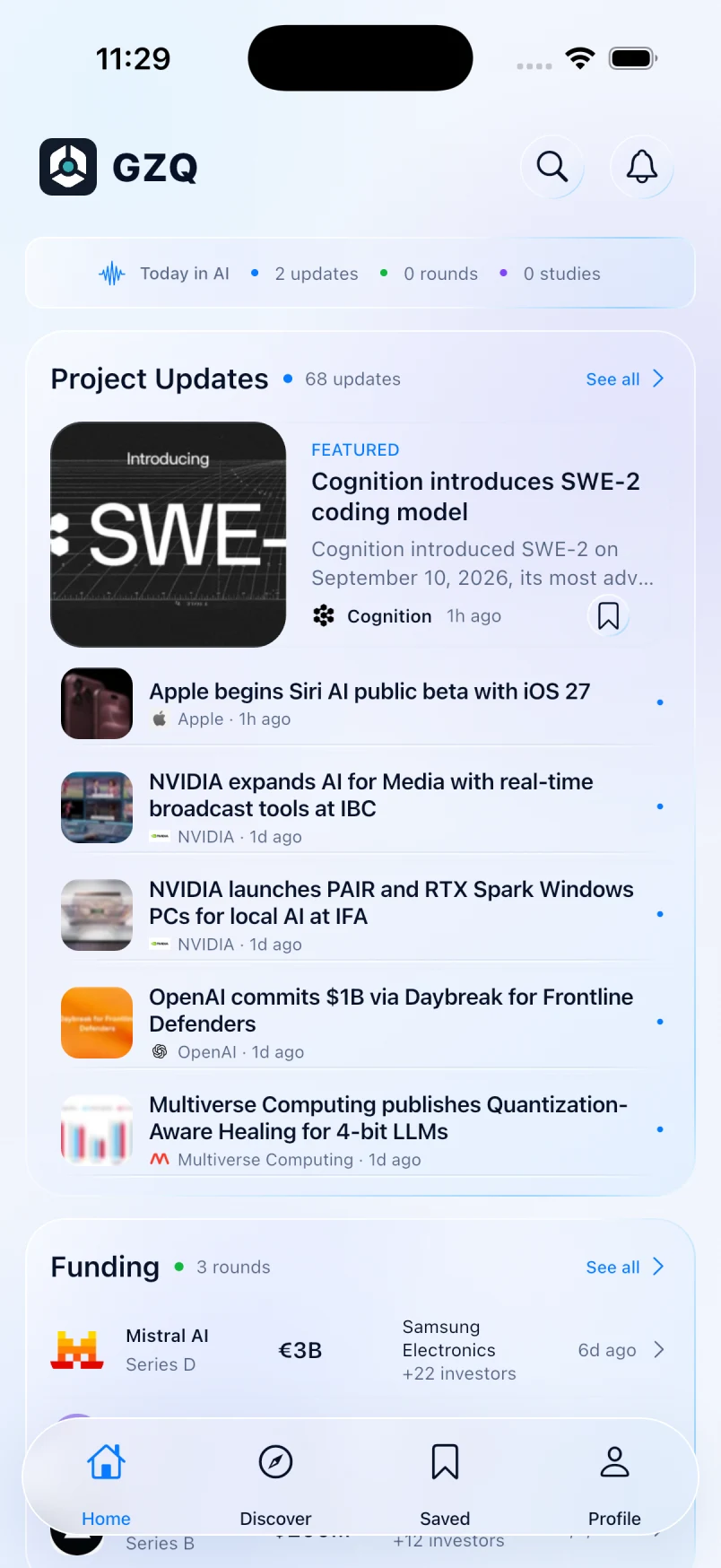 GZQ Home with a featured project update, company news and funding rounds.